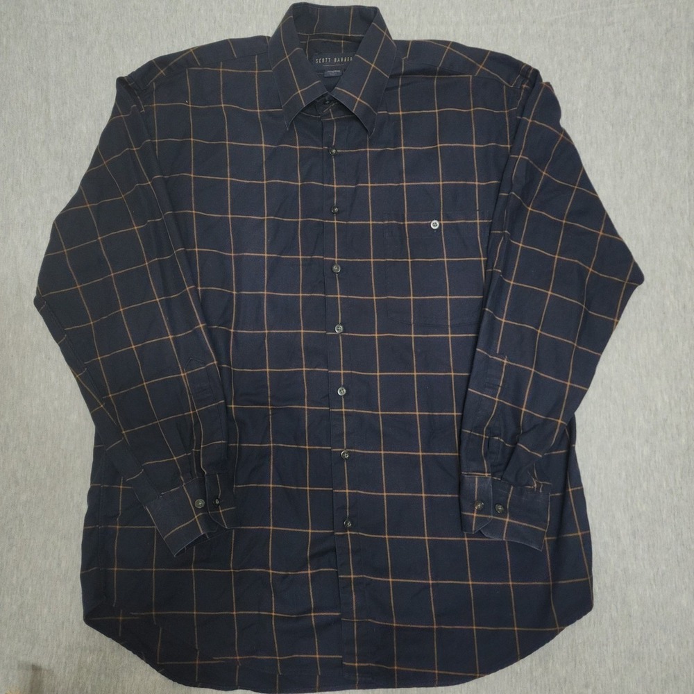 Scott Barber Button Down Shirt Mens L Navy Copper Windowpane Check‎ Cotton Woven